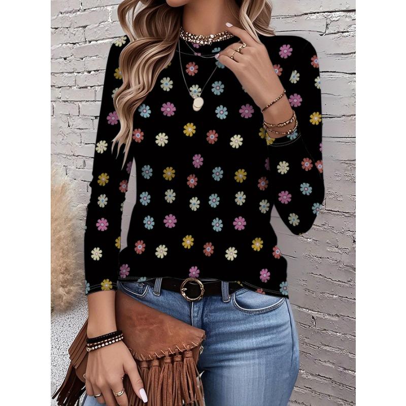 2026 New Women's Fashionable Long-Sleeved T-Shirt with Retro Floral Pattern, Perfect for Everyday Wear and Stylish Outfits