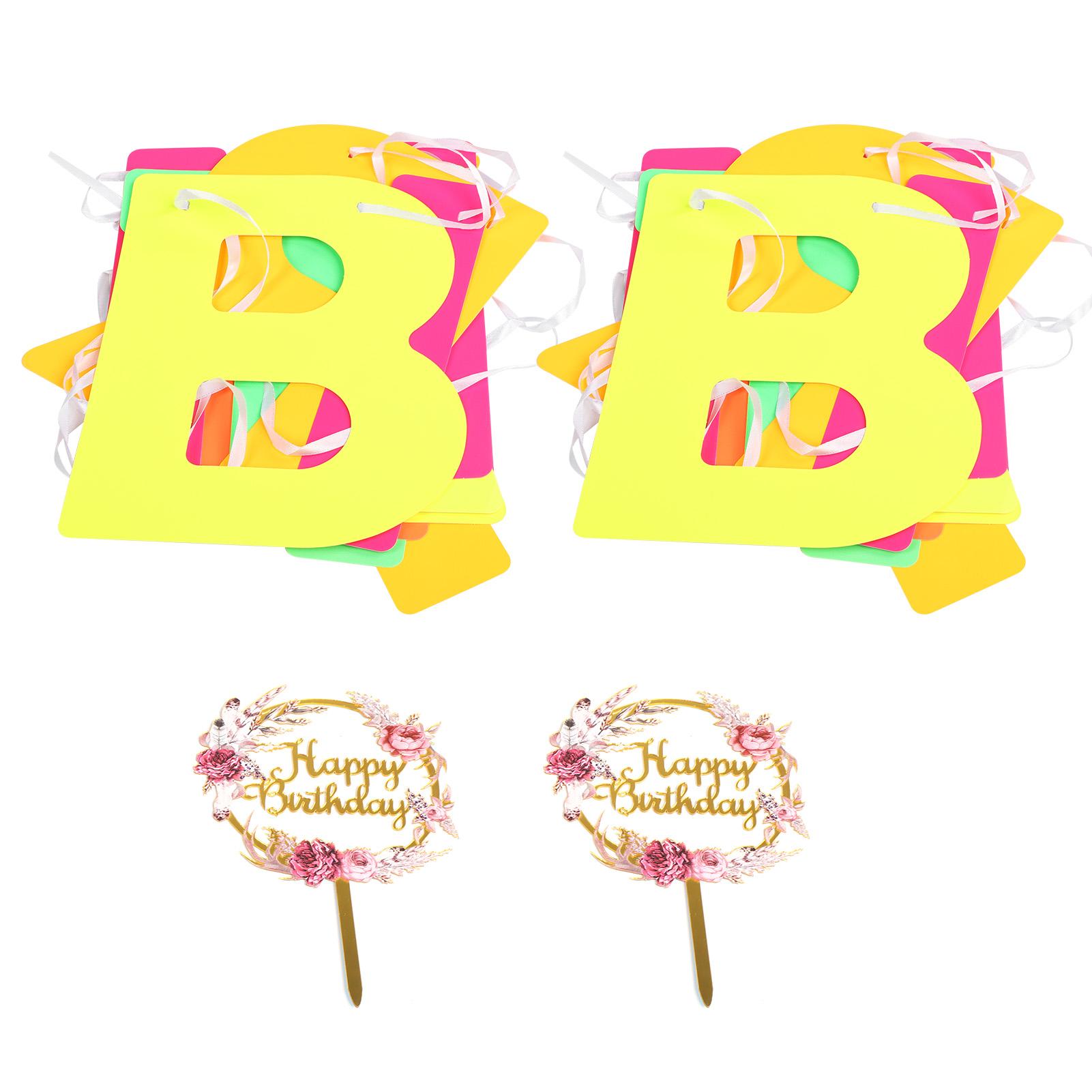 

2 Set Birthday Banner Decoration Letter Card Flower Acrylic Cake Inserting Party Supplies