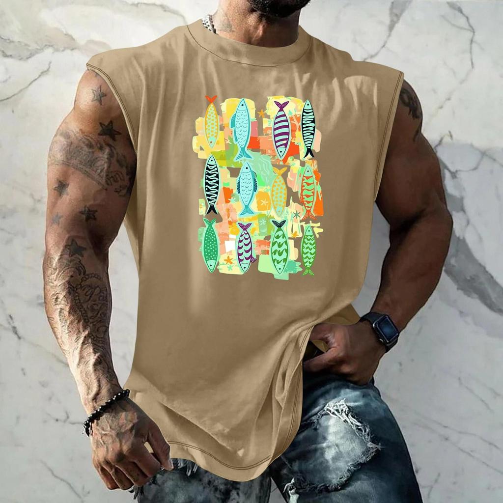 Men's Sleeveless Tank Top Loose Fit Vintage Texture Breathable Muscle Shirt Summer Streetwear Casual Daily Wear Printed Vest