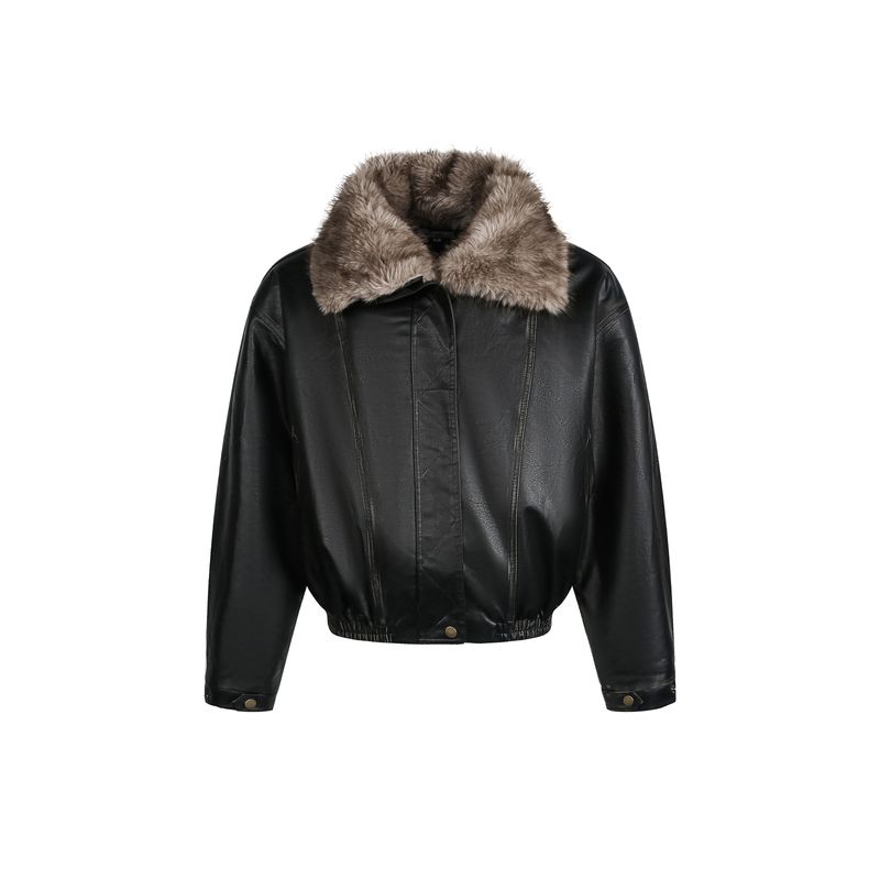 

Kisko Winter American-Style Fur-Trimmed Leather Jacket for Men and Women, High-End Warm Deconstructed Cotton Coat, Trendy Black X L