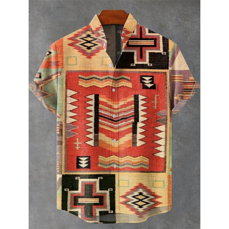 Men's Short Sleeve Shirt Vintage Ethnic Style Sunlight and Tree Illustration Art Snake Print Casual Linen Shirt