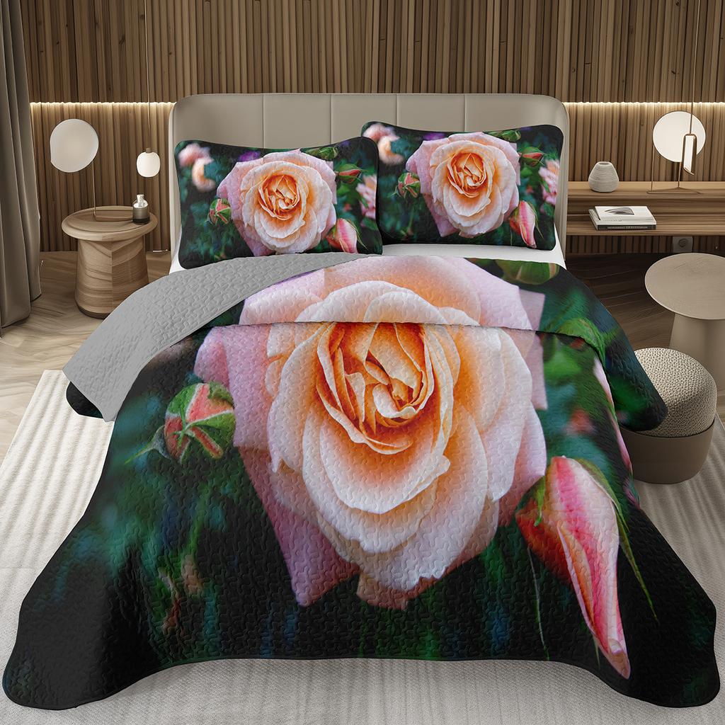Romantic Rose Bedspread Queen/King/Twin Botanical Floral Coverlet Valentine's Day Quilted Bedding Set for Girls Women Room Decor