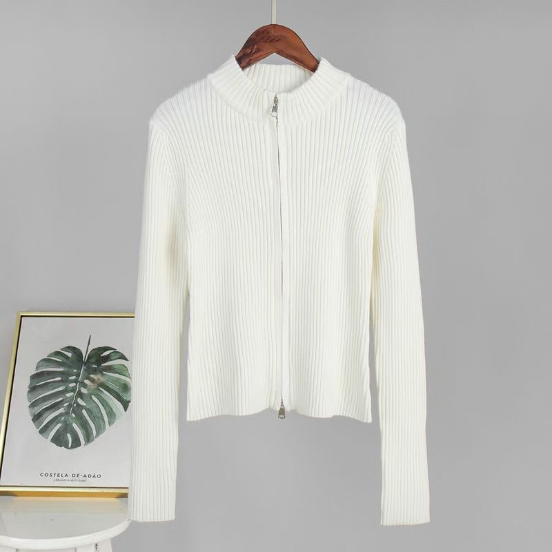 

European and American Stand Collar Slim fit Long sleeve Outerwear Double Zipper Cardigan Knit sweater Zipper Knitted Sweater White M