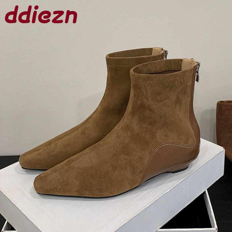 Mode Damen Spitzschuhe Damen Stiefeletten Modern mit niedrigem Absatz Schuhe Mode Flock Damen Kurze Stiefel Reißverschlüsse Schuhe Dame