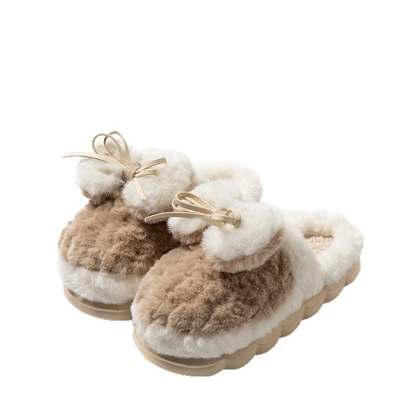 Bow plush cotton slippers women's 2025 new winter non-slip thick bottom piled thickened warm home cotton mop