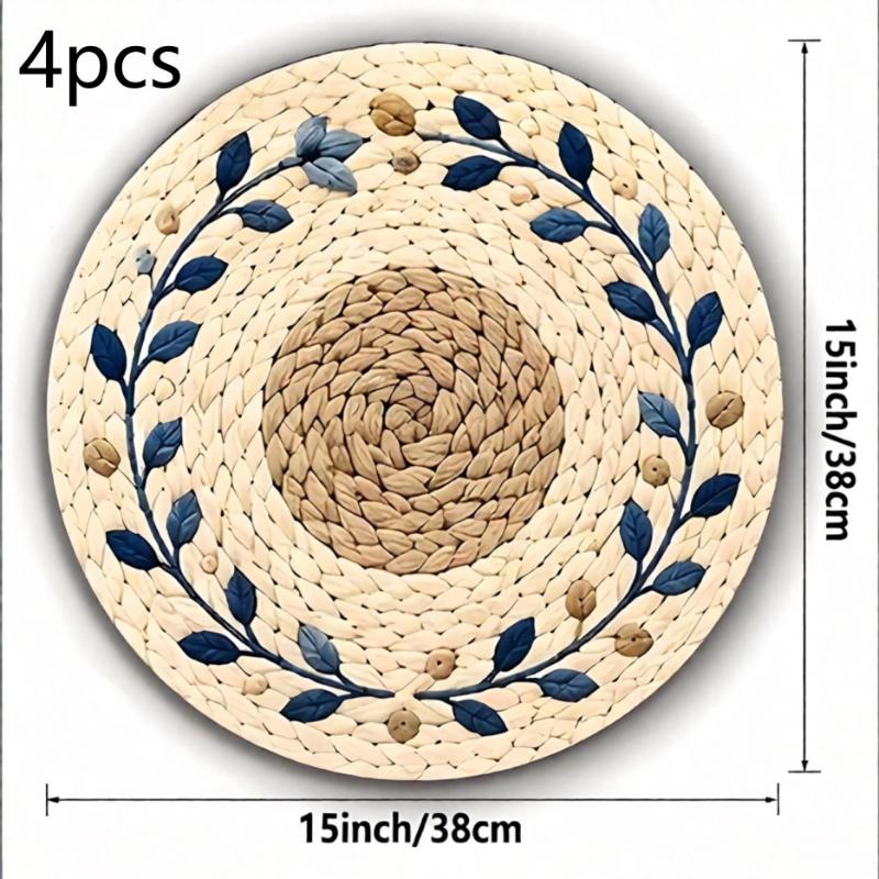 4 Pcs Flower Print Placemats 2D Round Polyester Washable Table Mats for Restaurant Home Daily Festival Use