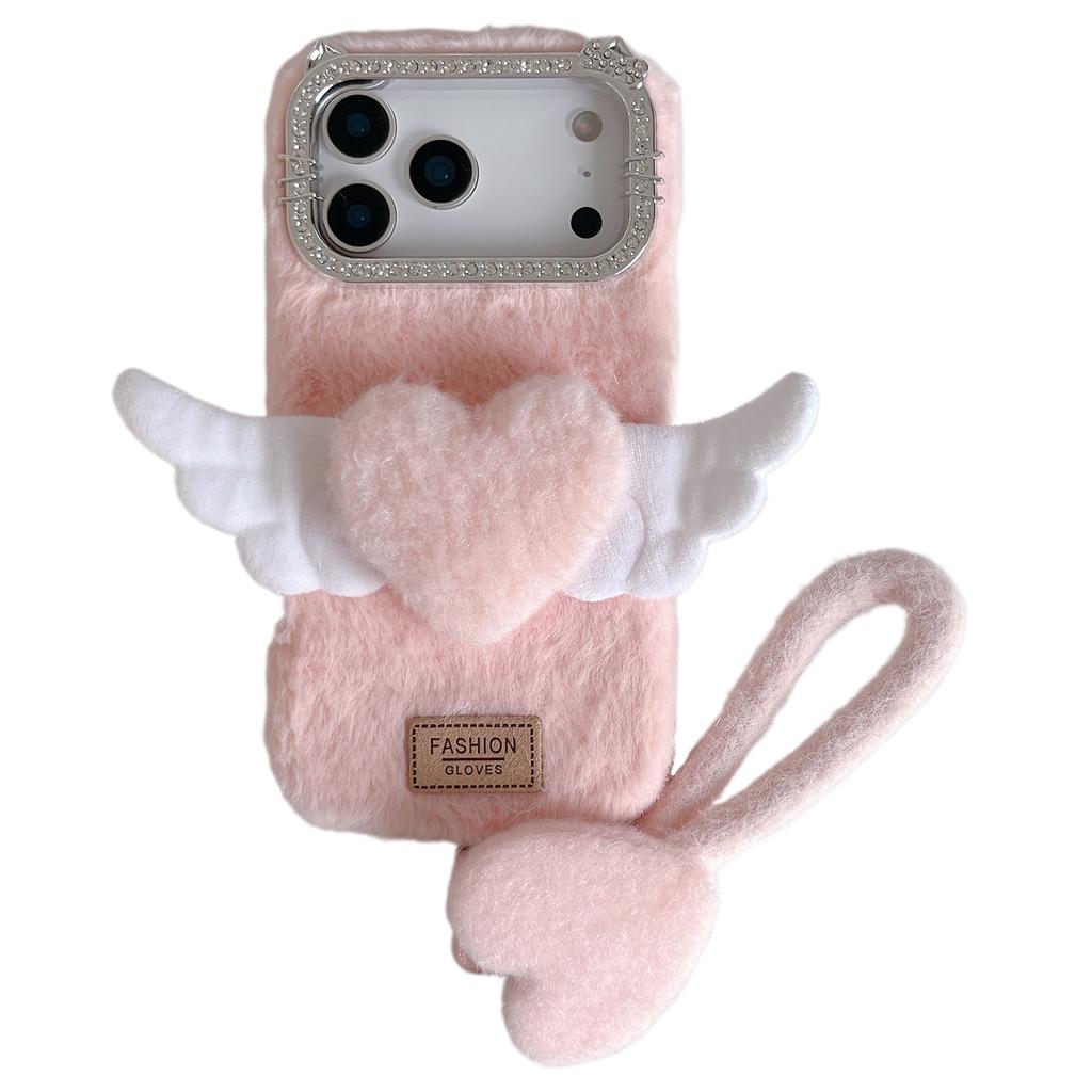 For iPhone 17 Pro Max Case Rhinestone Frame 3D Angel Heart Plush TPU PC Phone Cover with Heart Strap