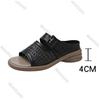 Fashion Large Size Hollow Slipper Summer Shoes for Women Chunky Middle Heel Retro Belt Buckle Breathable Leisure Outside Wear Slides