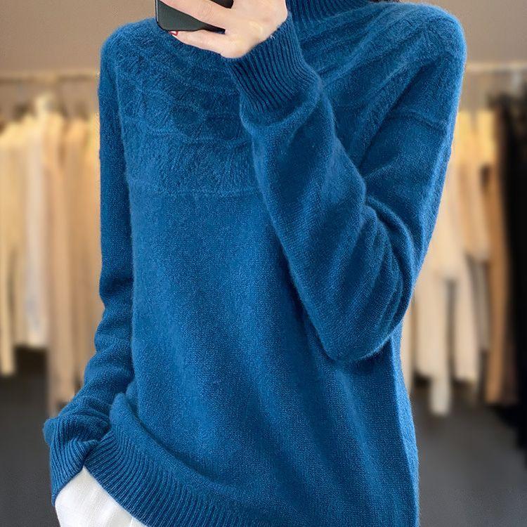 Seamless Knit Semi High Neck Women Long Sleeve Sweater Loose Fit Slimming Pullover Top