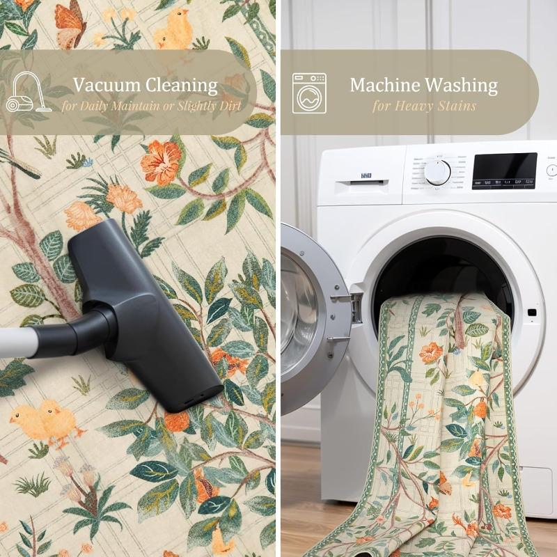 Dark Green Floral Carpet for Living Room Soft Non-Slip Machine Washable Floor Mats Botanical Print Indoor Nursery Bedroom Rug