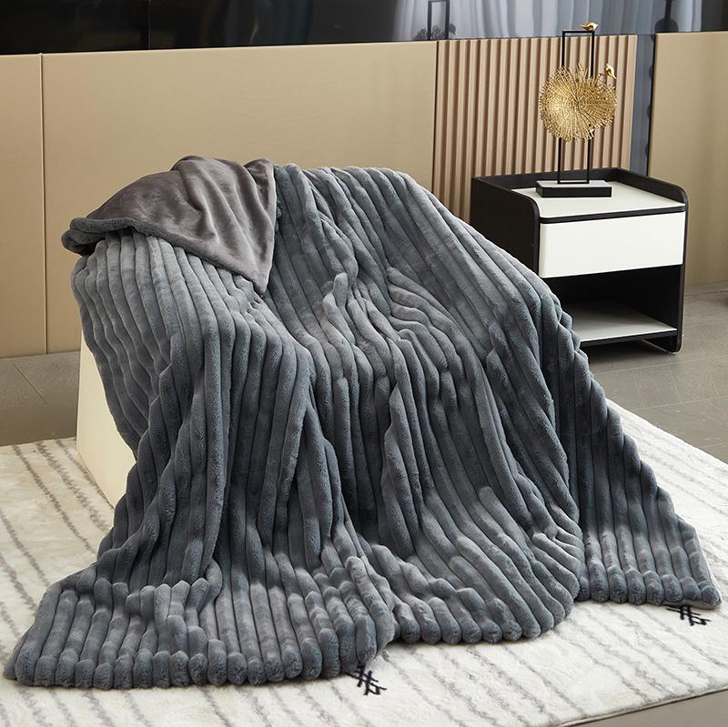 Solid Colour Three-dimensional Stripes Drawstring Rabbit Hair Cover Blanket Winter Soft Warm Double Layer Thickening Cover Blanket