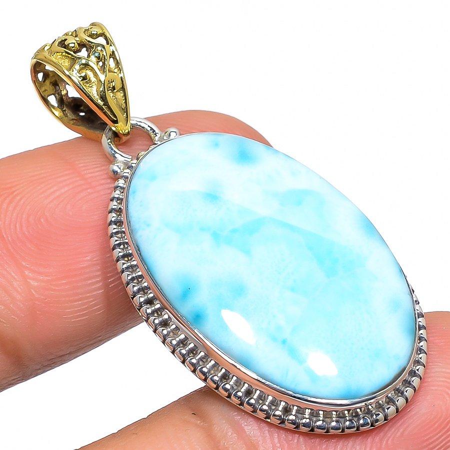 

Natural Republic Larimar Gemstone 925 Sterling Silver TwoTone Pendant 1.77 A2E61