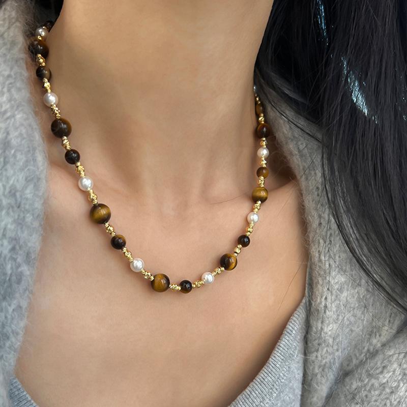 Maillard autumn and winter tiger's eye stone pearl necklace retro elegant and versatile personality neck chain collarbone chain