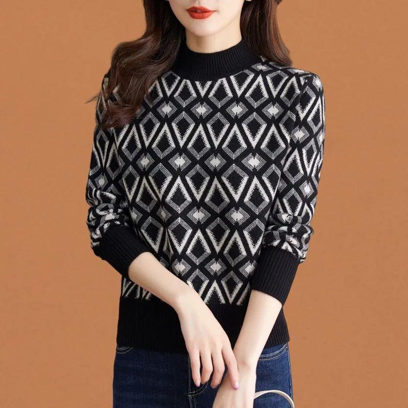 

Вязаный свитер с воротником-стойкой с геометрическим узором, повседневный пуловер с длинными рукавами и заниженными плечами, свитер на осень и зиму, женская одежда 4XL