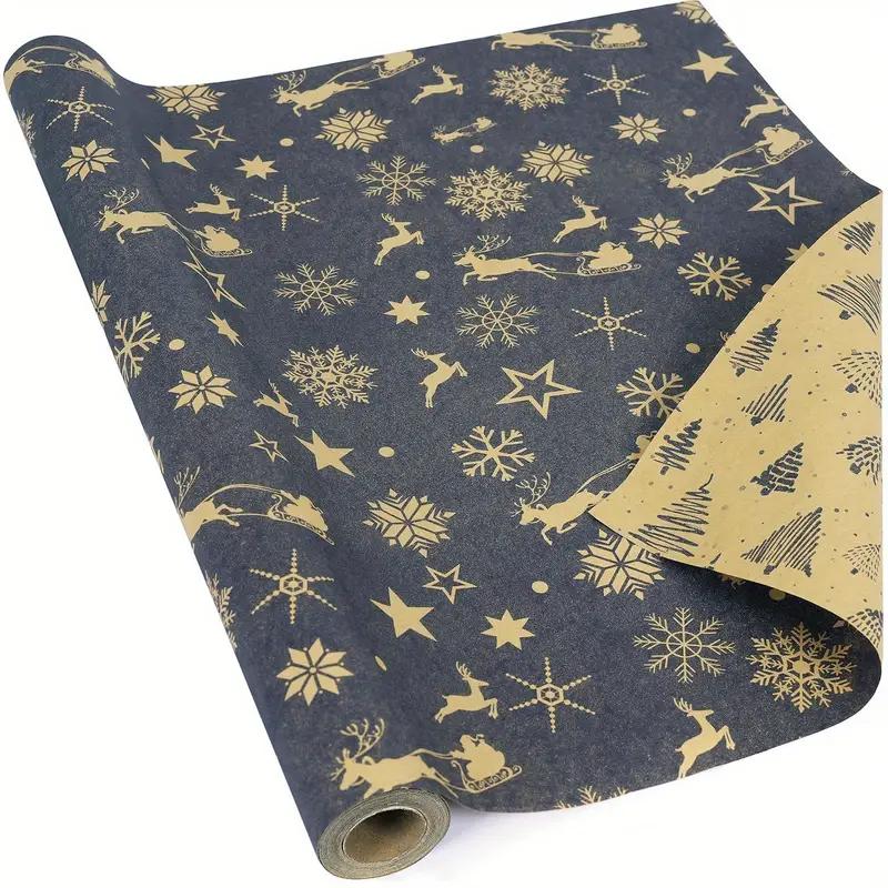 1 Stück 17″x33ft Weihnachtsgeschenkpapierrolle – Doppelseitig Vintage Marineblau/Braunes Kraftpapier mit Schneeflocken & Rentieren für die Feiertage