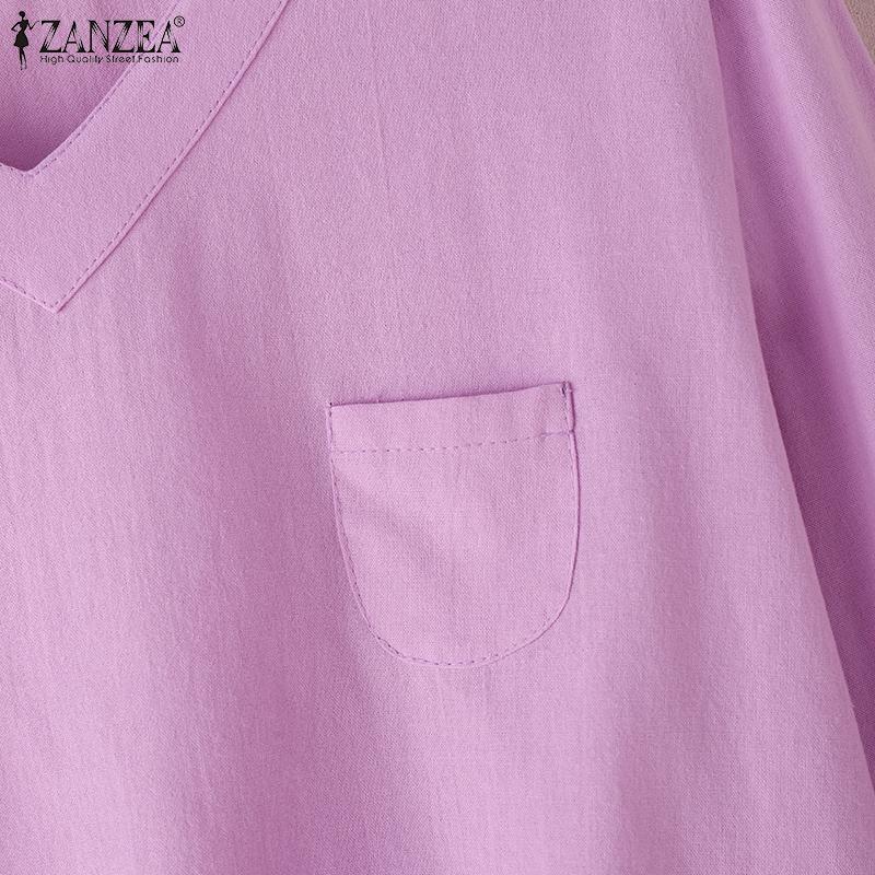 ZANZEA Women Casual V-Neck Loose 3/4 Sleeve Cotton Blouse