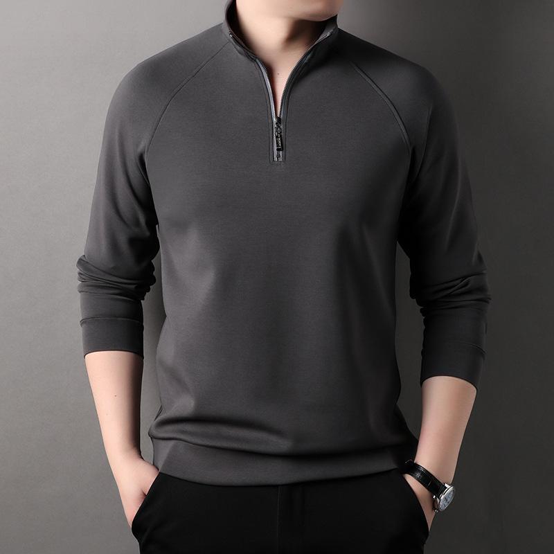 Men's Half-Zip Long-Sleeve Stand Collar T-Shirt, New Arrival for Spring/Autumn, Solid Color, Stylish Base Layer for Middle-Aged & Young Men