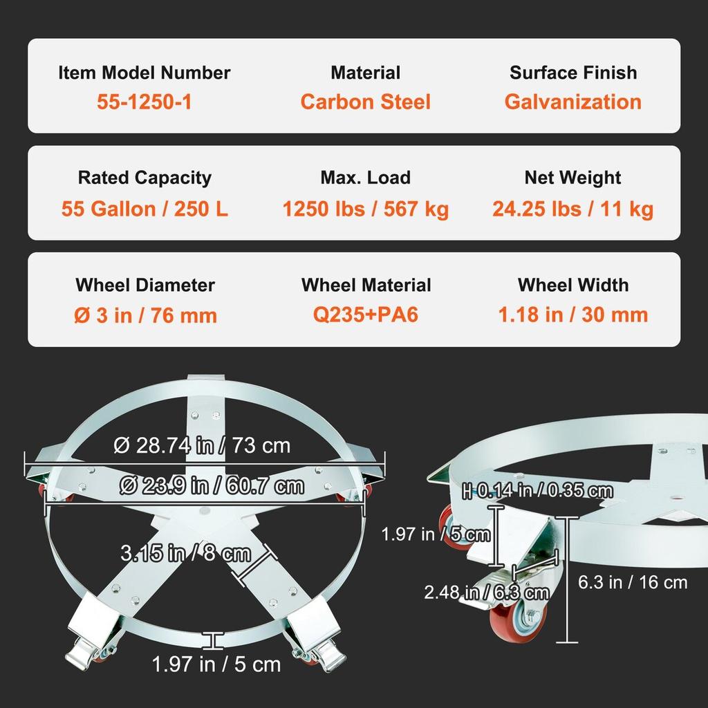55 Gallon Heavy Duty Drum Dolly, 1250lbs Load Capacity, Barrel Dolly Cart Drum Caddy, Non Tipping Hand Truck Capacity Dollies with Steel Frame 5