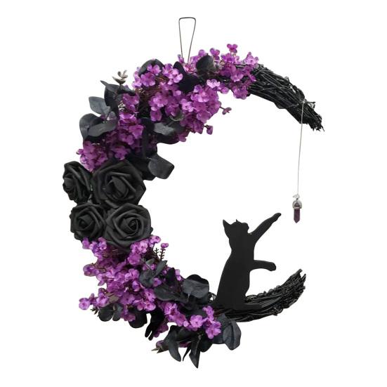 Halloween Wreath for Front Door Black Cat Moonlight Garland LED Lights Door Decor with Purple Flowers Indoor Outdoor Spooky Party Decoration