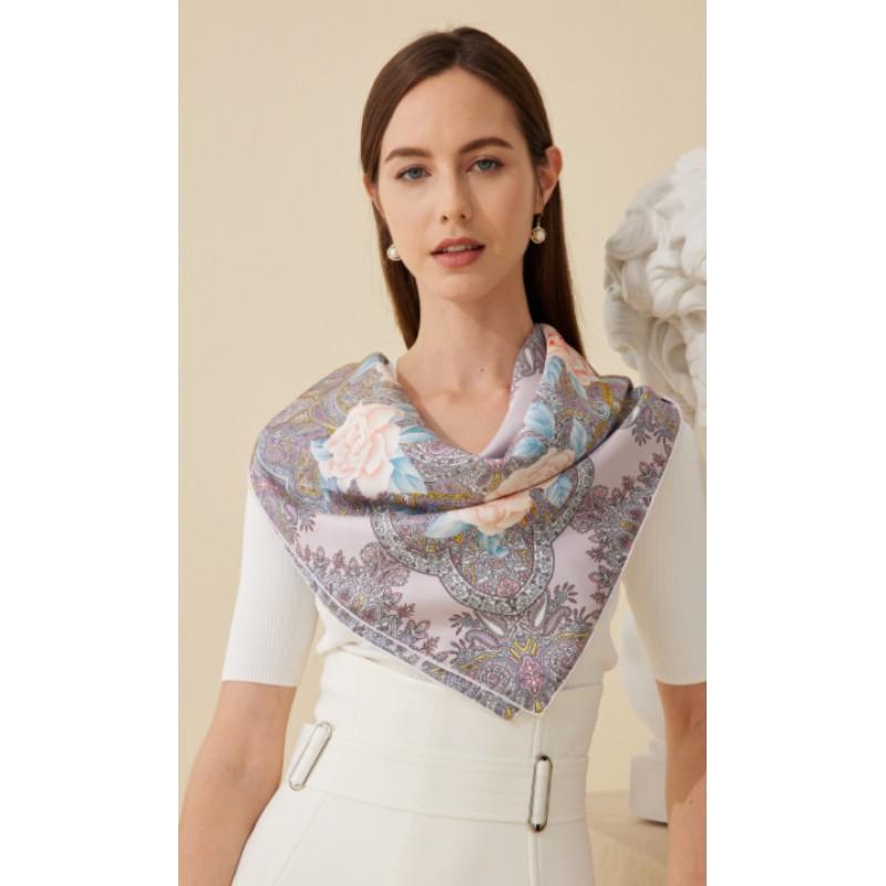 100% Mulberry Silk Square Scarf Double-sided Print Light Luxury Shawl Women Mom Fashion Accessory