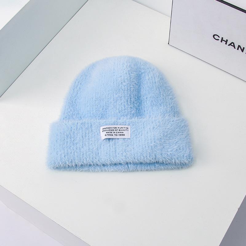 Hat Women's New Imitation Mink Autumn and Winter All-match Patch Wool Hat Knitted Hat Warm Pullover Ear Protection Cold Hat