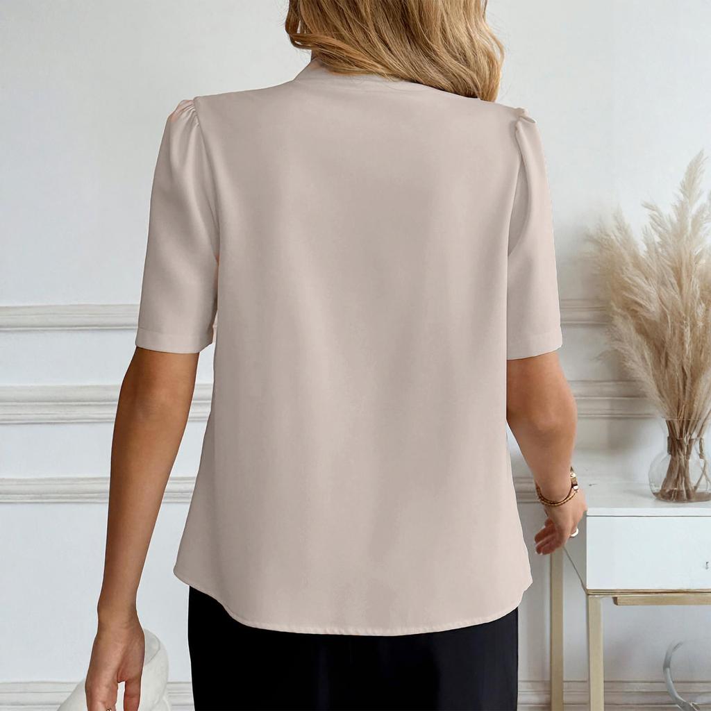 Women's Fashionable Color V-neck Button Casual Short Sleeved Shirt Top