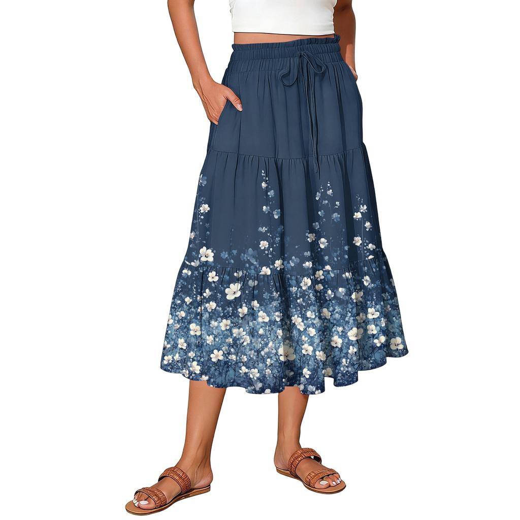 Womens Maxi Skirt Drawstring High Waisted Summer Long Skirts Lightweight Tiered Flowy Floral Pleated Skirts