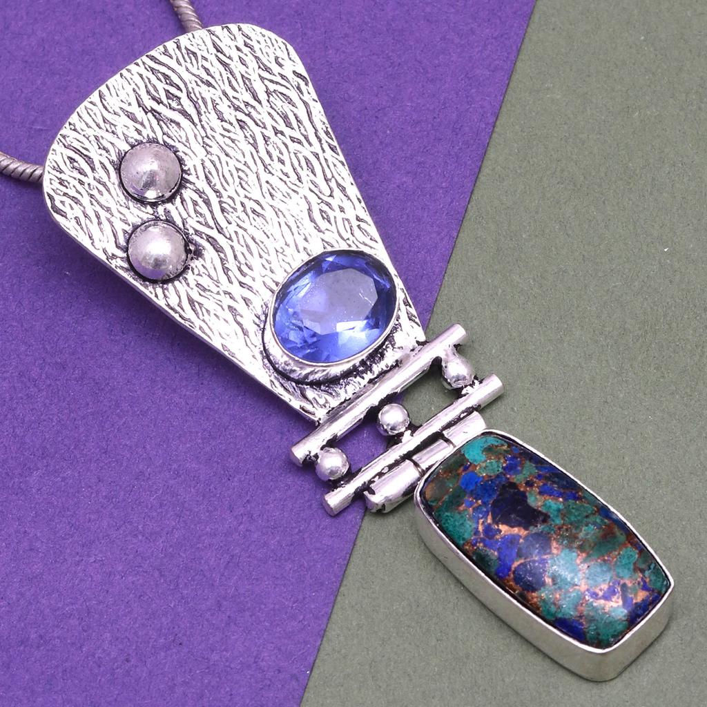 Copper Turquise Tanzite Gemstone Mother's Day Silver Jewelry Pendant  2.5"