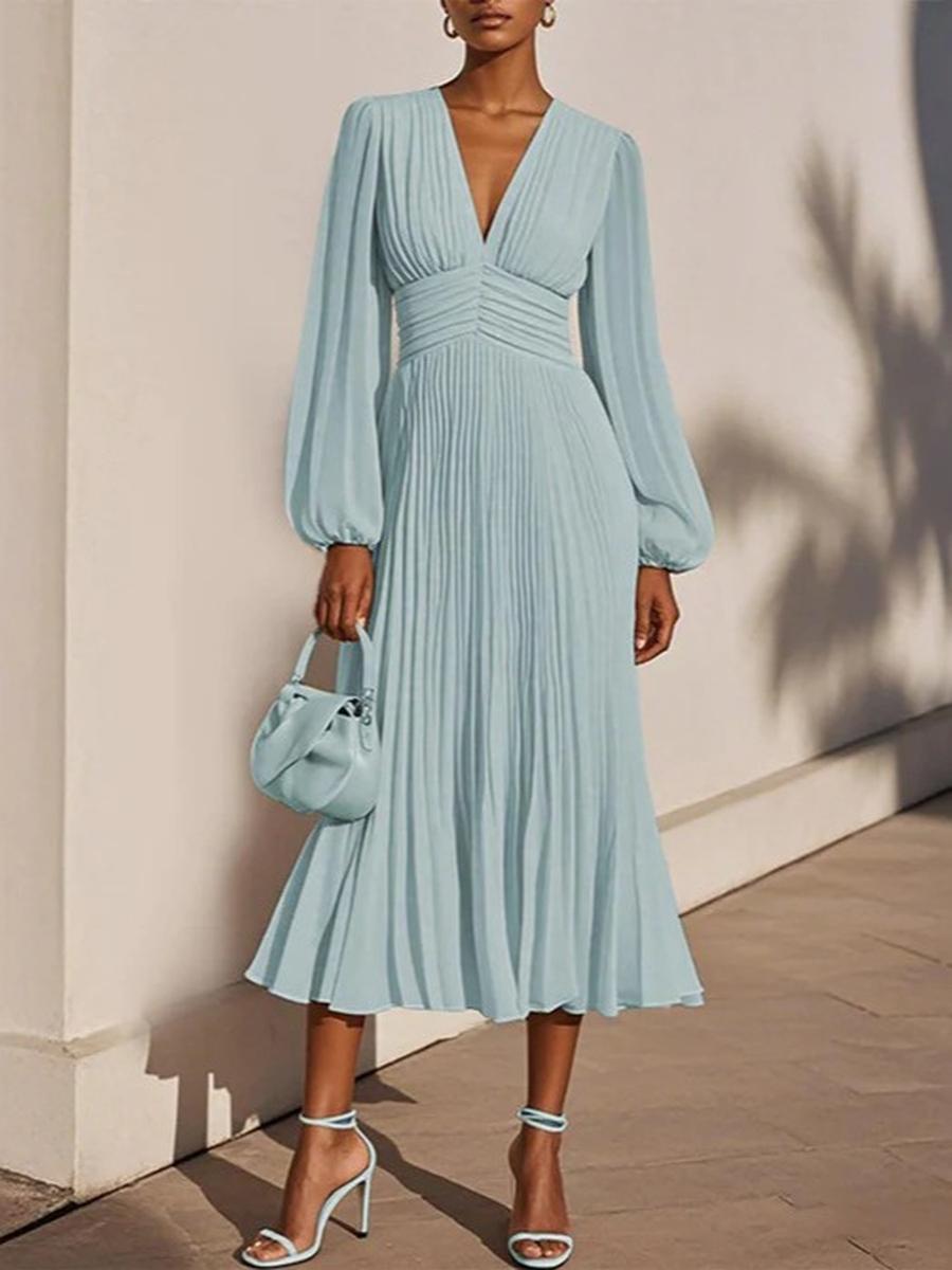 

Plus Size Dresses for International Women s Wear New Sexy Pleated V-Neck Long Sleeve Chiffon Evening Gowns Middle East Fashion Party Dresses S светло-синий