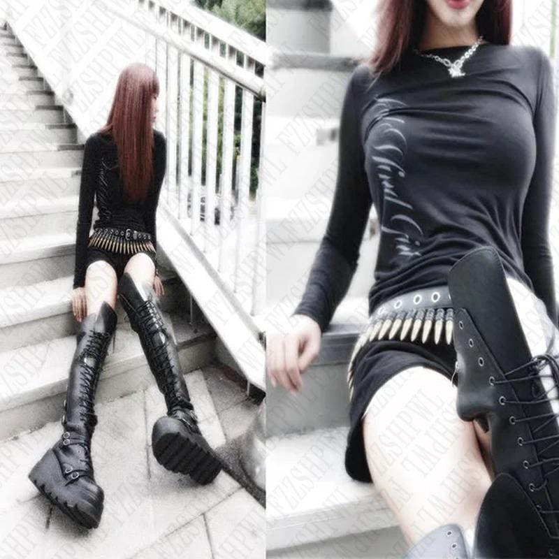 Tricou cu mânecă lungă Gothic Harajuku Vintage Punk Emo pentru fete, sexy, slim, șic, cu imprimeu, crop topuri, estetică grunge Y2K, streetwear pentru femei