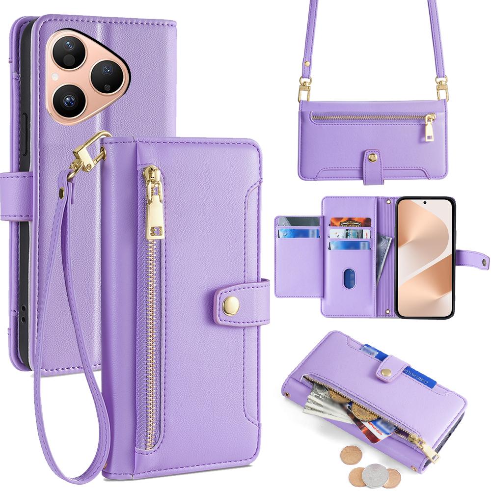 For Huawei Pura 80 Leather Case Zipper Pocket Wallet Phone Cover with 2 Straps