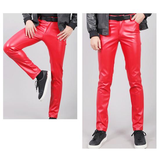 Men Faux Leather Pants Mid Waist Slim Fit Smooth Button Zipper Placket Solid Color Waterproof Hip Hop Style Streetwear Party Club Performance Trousers