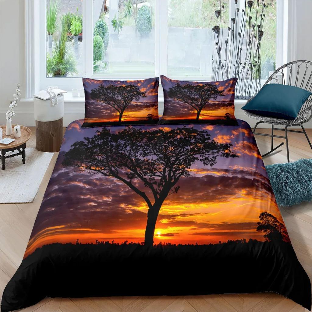 Tropischer Baum Sonnenuntergang Bettbezug-Set, Landschaftsdruck Quilt-Set Dreiteiliges Set