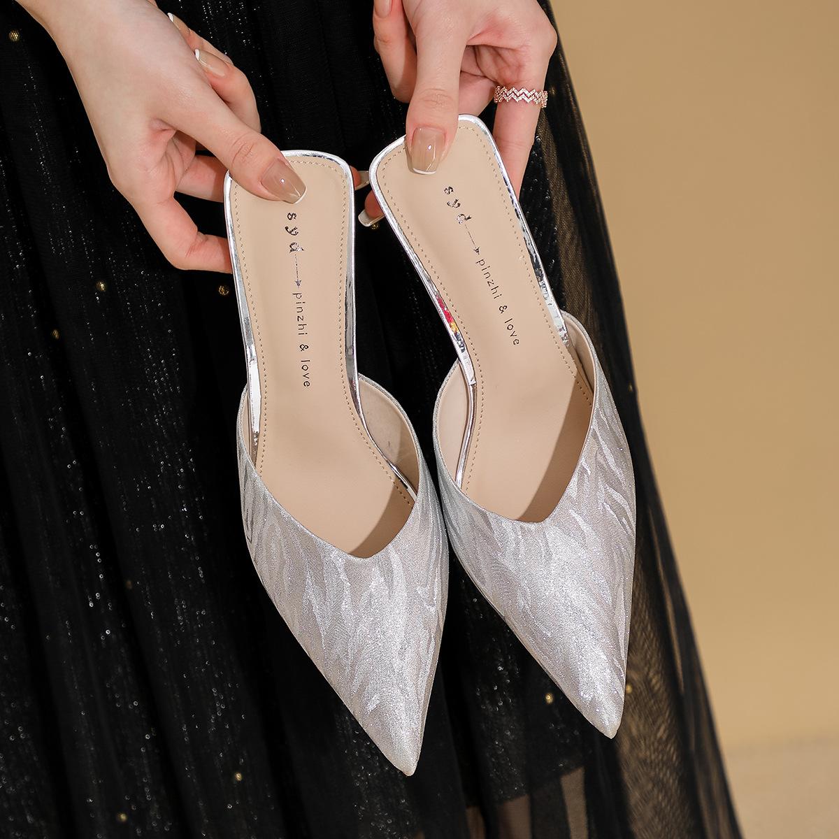 

Летние новые универсальные полутуфли, сумка, головные сандалии, туфли на высоком каблуке, женская мода, тонкий каблук, остроносые 39 серебряный