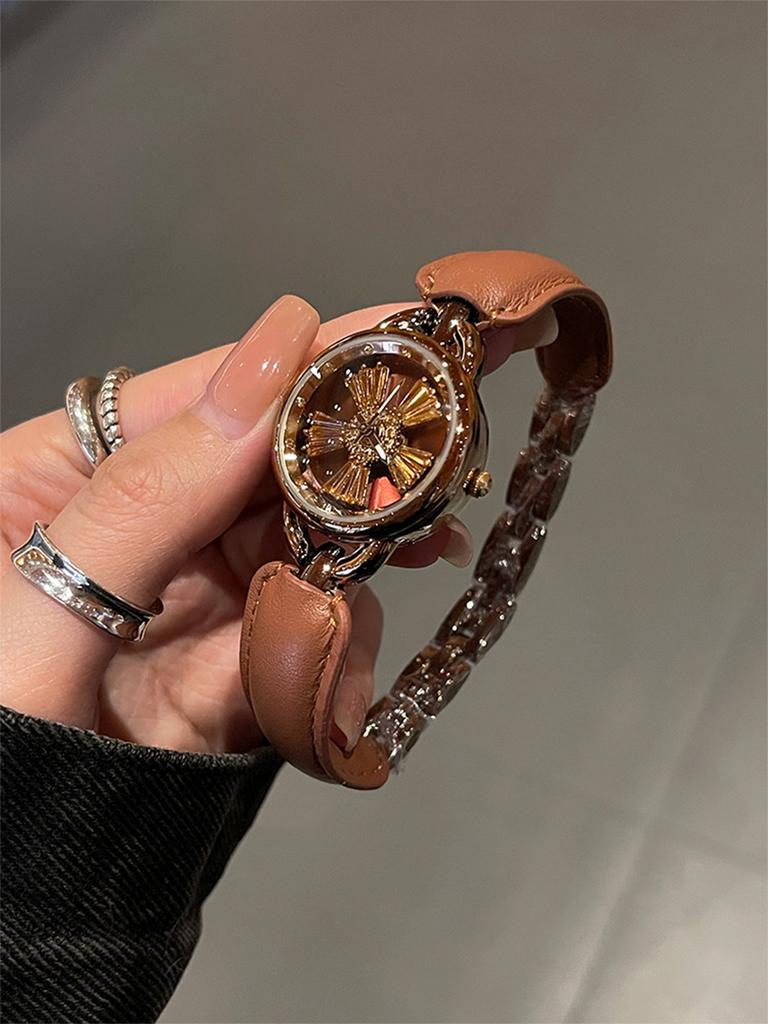 Luxury Rotating Flower Women Watch Leather Splicing Metal Strap Round Dial Fashion Elegant Ladies Quartz Dress Wristwatch Gift