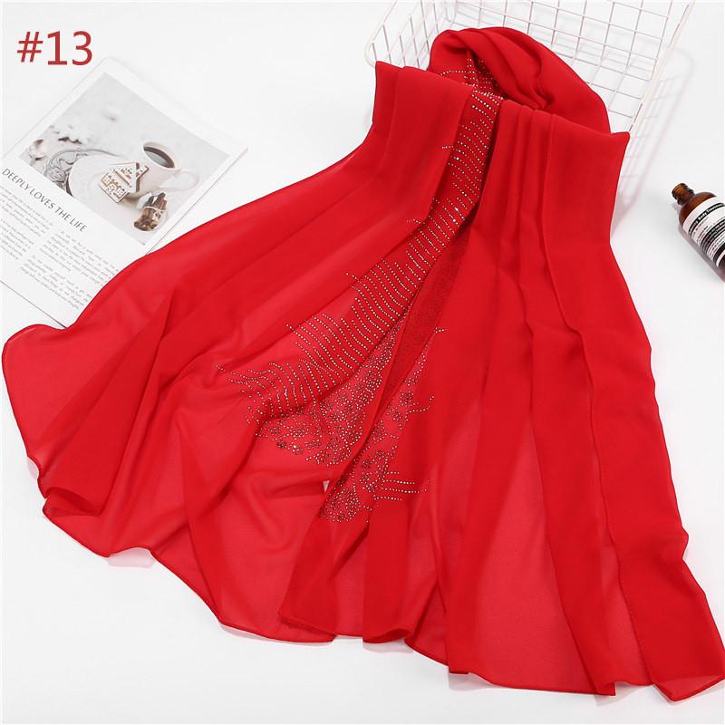 Women Rhinestone Chiffon Solid Color Muslim Head Scarf Shawls And Wraps Pashmina Bandana Female Foulard Hijab Stores