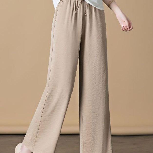 Women's Wide-Leg Ice Silk Linen Pants: Summer Thin, High-Waist, Elastic, Casual Style