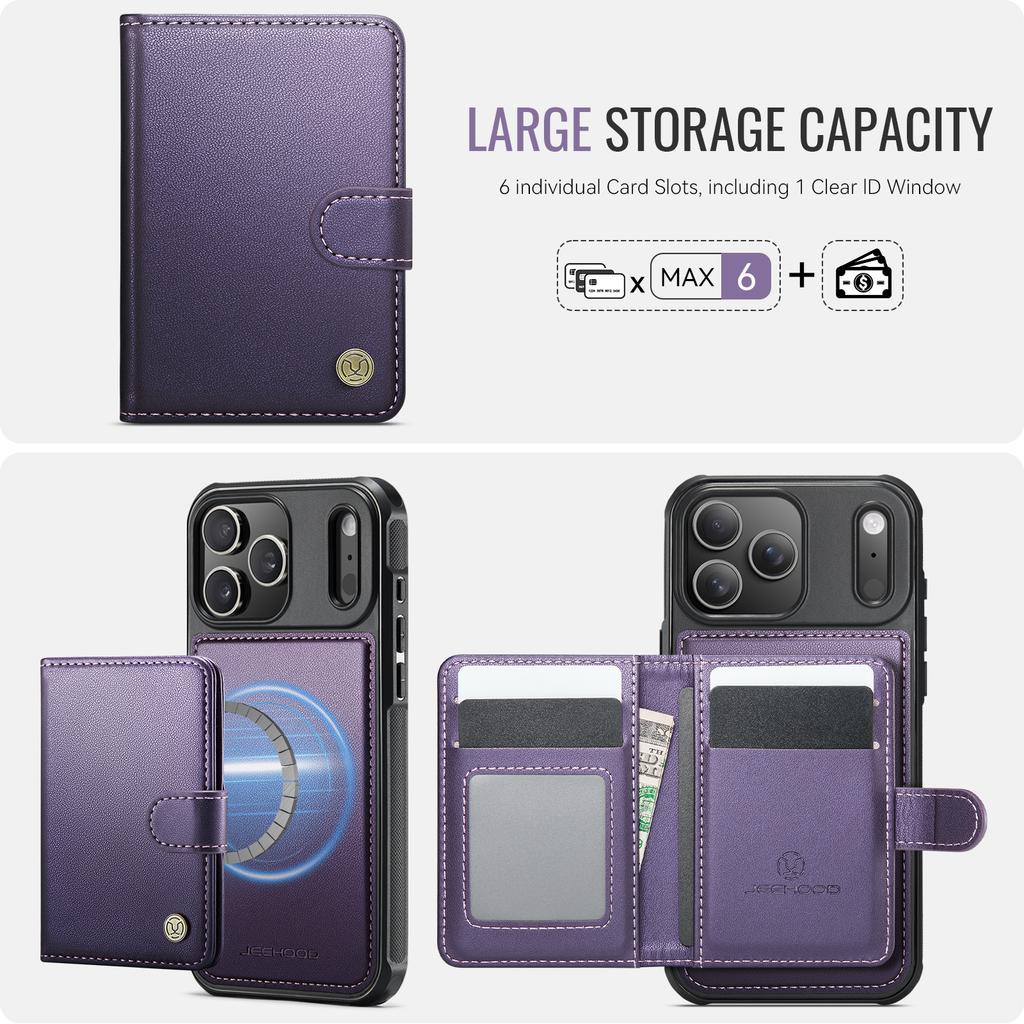 For iPhone 17 Pro Case JEEHOOD J09 RFID Blocking Card Holder Leather Back Phone Cover Compatible with MagSafe