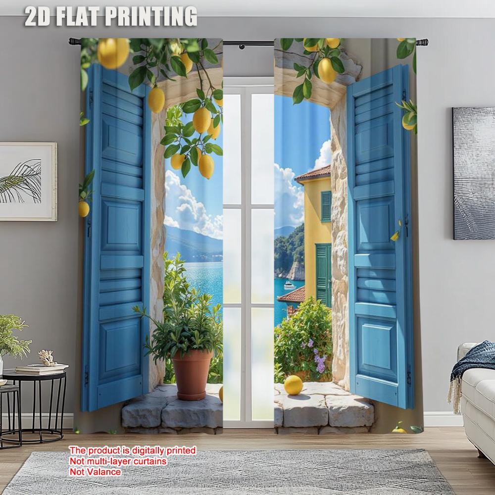 

Set Of 2 Spring Summer Curtains Mediterranean View Lemon Open Versatile Polyester Fabric Decorations Home Use Sheer Made W100*H70(CM)-Hooks&1PCS