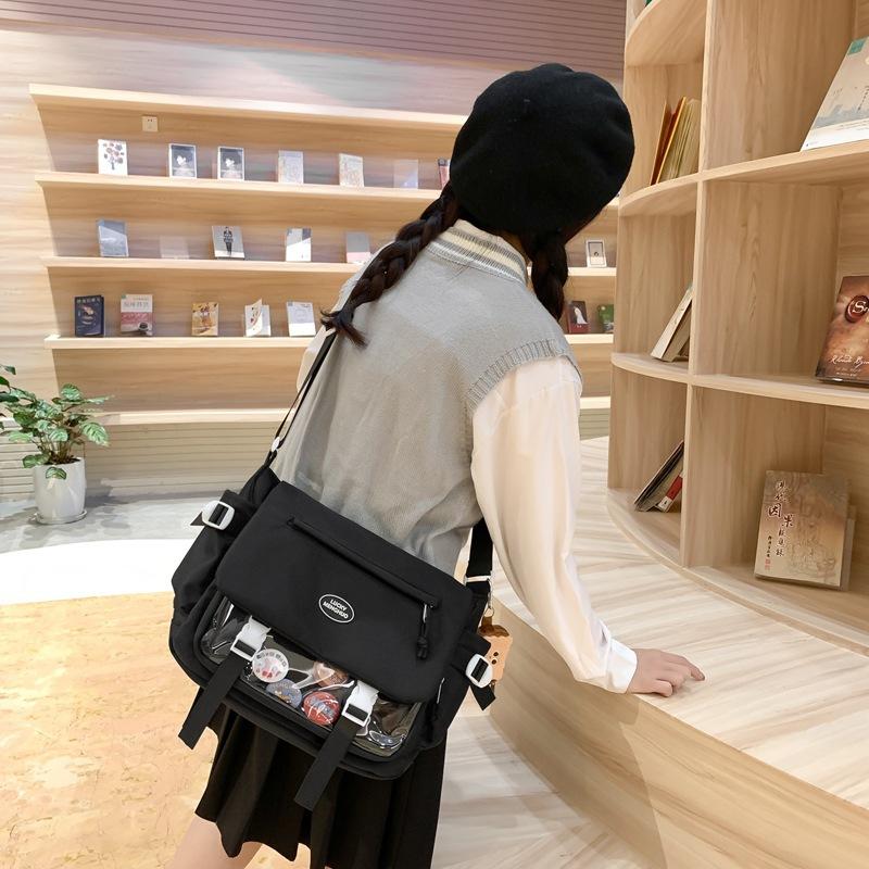 Cute College Style Girl Crossbody Bag Japanese Y2K Student Large Capacity Versatile Postman Bag Transparent Badge Cute Ita Bag