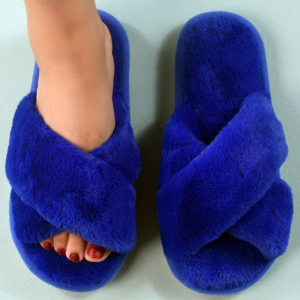 Ladies, Cross Straps, Plush Slippers, Indoor, Warm Cotton Shoes, Thick, Open Toed, Plush Slippers