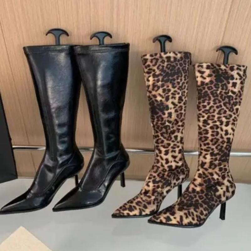 Fashion Boots Women's Leopard Long Boots Sexy Shoes Woman High Heels Autumn Knee High Boots Leather Cowboy Women Shoes Women 2025