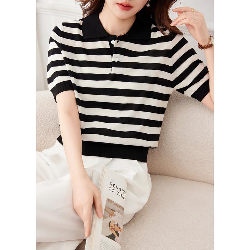 

Women s Classic Striped Merino Wool Blend Knit Tee One Size