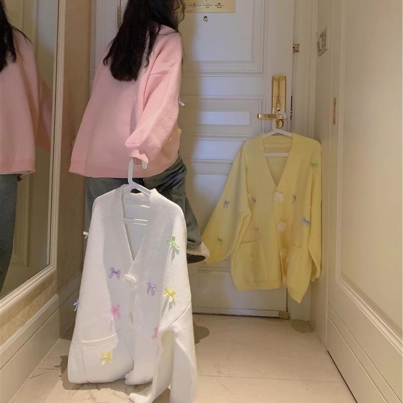 Ladies Bow Flower Decorative Sweater Korean Sweet Women V-neck Knitted Cardigan Autumn Loose Versatile Female Single Breasted
