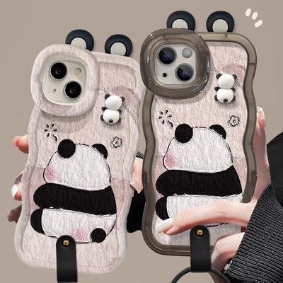 Strukturiertes Panda-Puppen-Lanyard für Apple 14 Handyhülle 15plus Niedlicher Anhänger 13pro Doppelte Halterung Ins