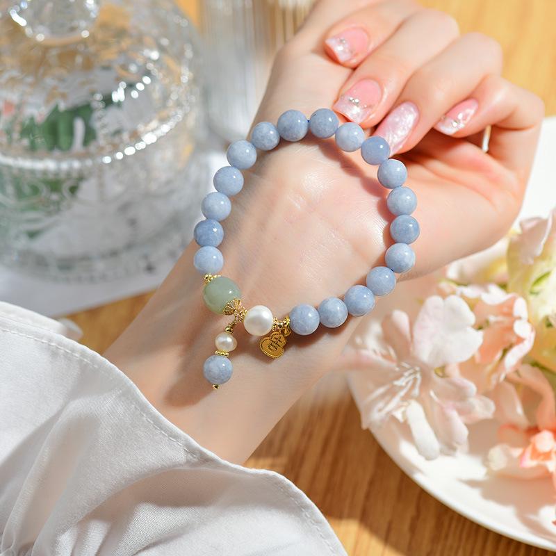 

Natural Crystal Aquamarine & Pearl Bracelet with Ji Character Gourd Design