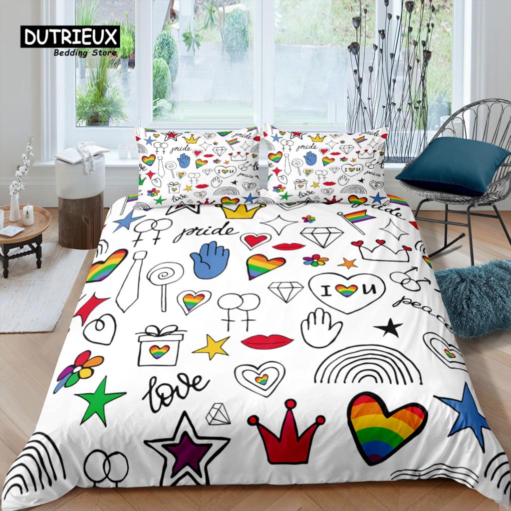 Home Living Luxury 3D Love Heart Bedding Set Rainbow Duvet Cover Pillowcase Queen And King Eu/Us/Au/Uk Size Comforter Bedding