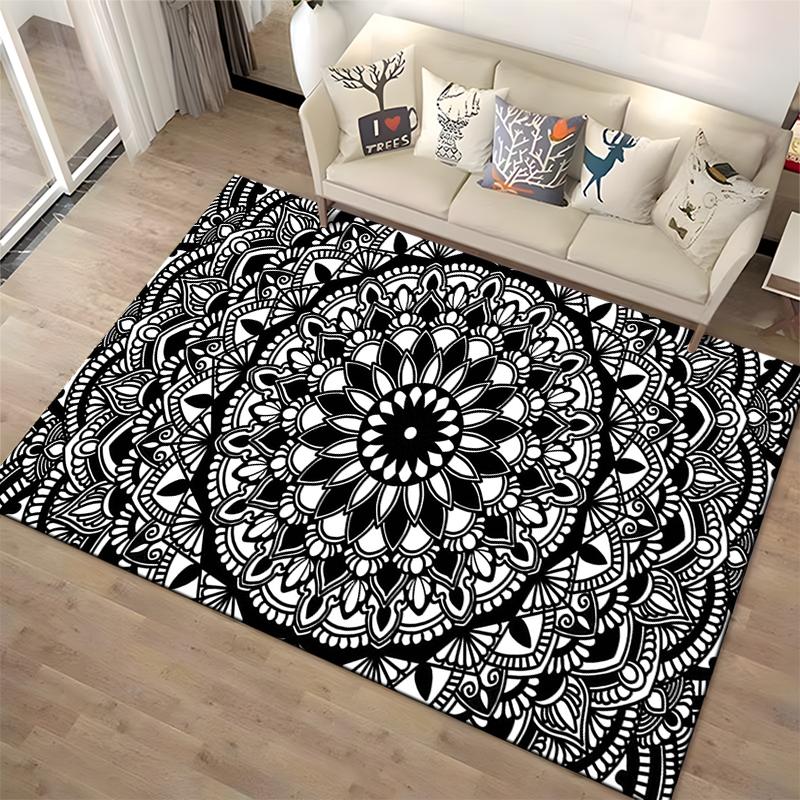 Black and White Mandala Design Rug Non-slip rug suitable for living room and bedroom sofas
