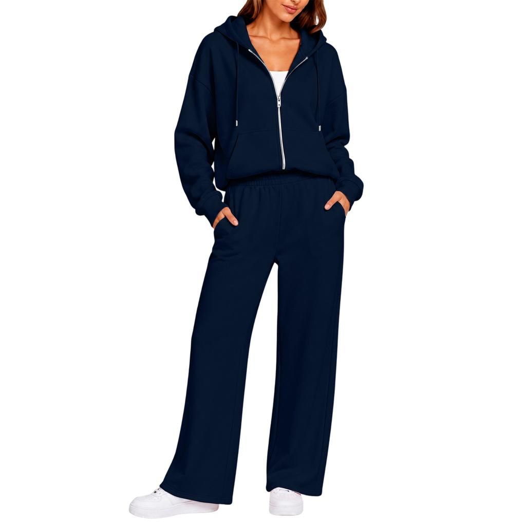 Completo Casual da Donna a Due Pezzi con Cardigan con Zip e Cappuccio e Pantaloni a Gamba Larga