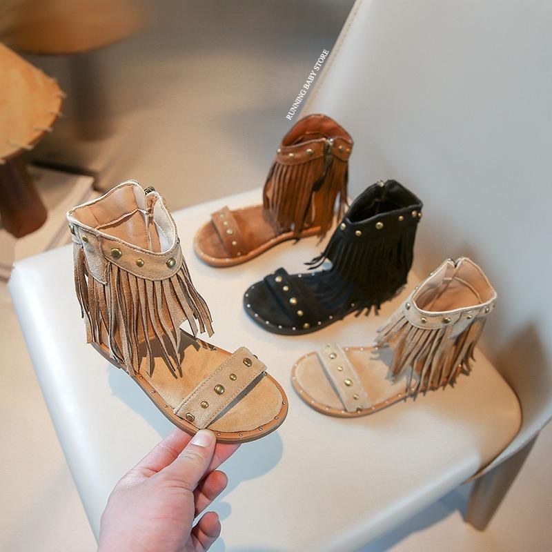 Sandali Romani Estivi a Fascia Singola per Bambina Borchie Nappe Sandali Alti Scarpe da Ginnastica Morbide da Bambina Scarpe Eleganti Bohemien